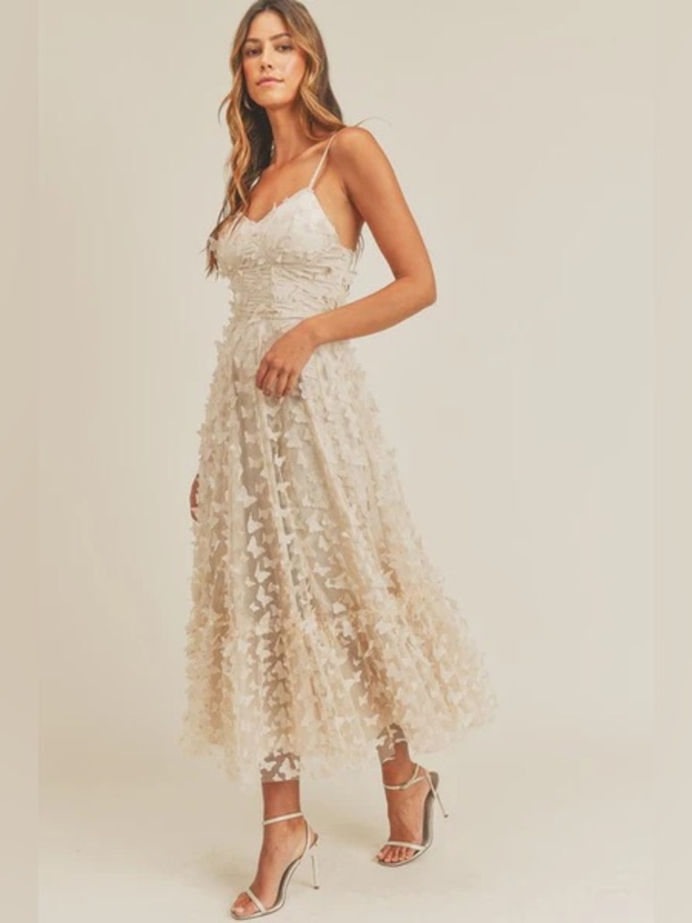 Mable Cream 3D Butterfly Lace-Up Midi Dress Corset Sweetheart Tiered Lulus - Picture 4 of 12